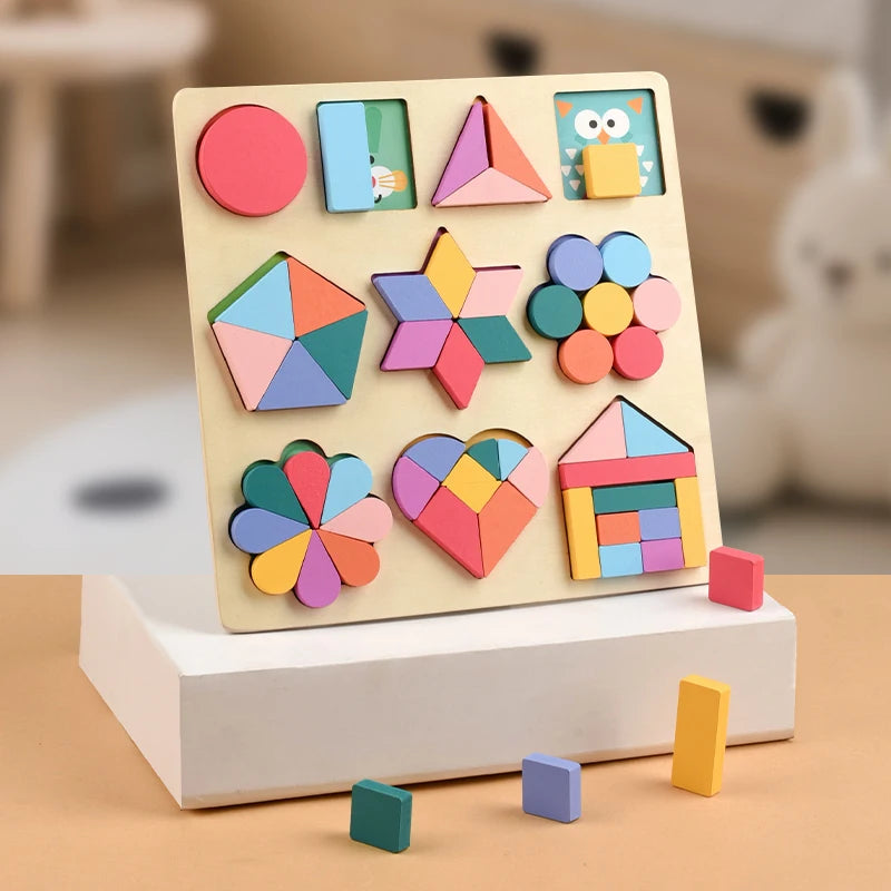 Montessori Children Wooden Rainbow DIY Shape Jigsaw Blocks Puzzle Board Educational Matching Activity Learning Toys for Kids