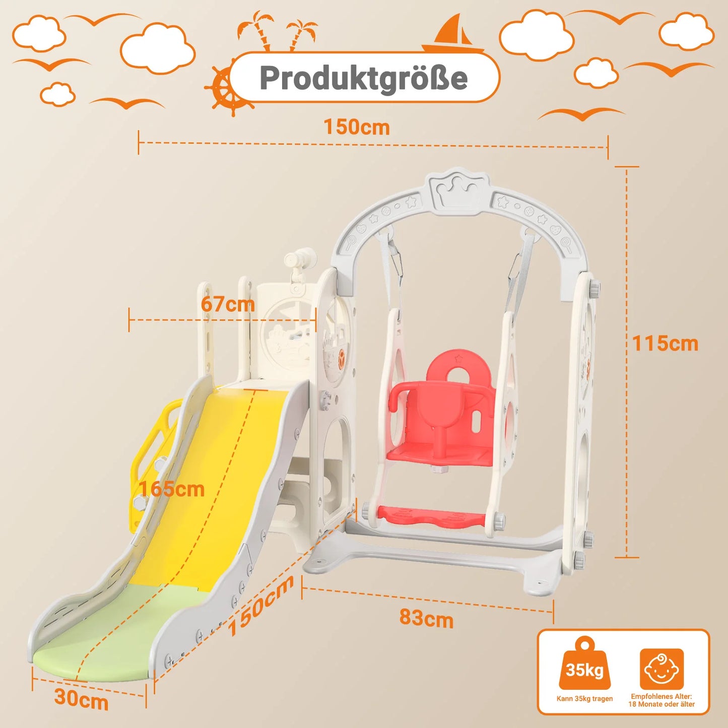 Anajqaqia 6 in 1 Children's Slide, Pirate Ship Slide, Children's Playground with Swing, Ball Frame and Binoculars