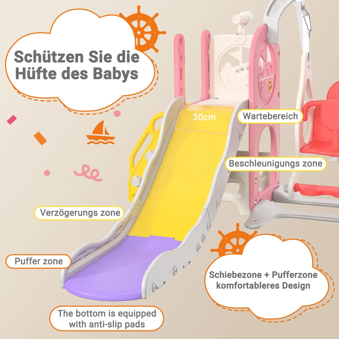 Anajqaqia 6 in 1 Children's Slide, Pirate Ship Slide, Children's Playground with Swing, Ball Frame and Binoculars