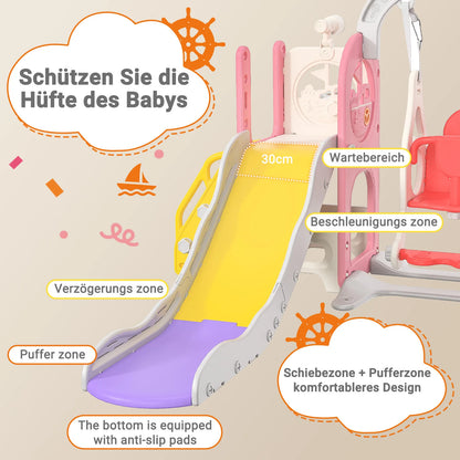 Anajqaqia 6 in 1 Children's Slide, Pirate Ship Slide, Children's Playground with Swing, Ball Frame and Binoculars