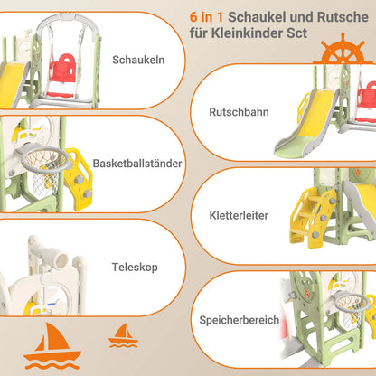 Anajqaqia 6 in 1 Children's Slide, Pirate Ship Slide, Children's Playground with Swing, Ball Frame and Binoculars