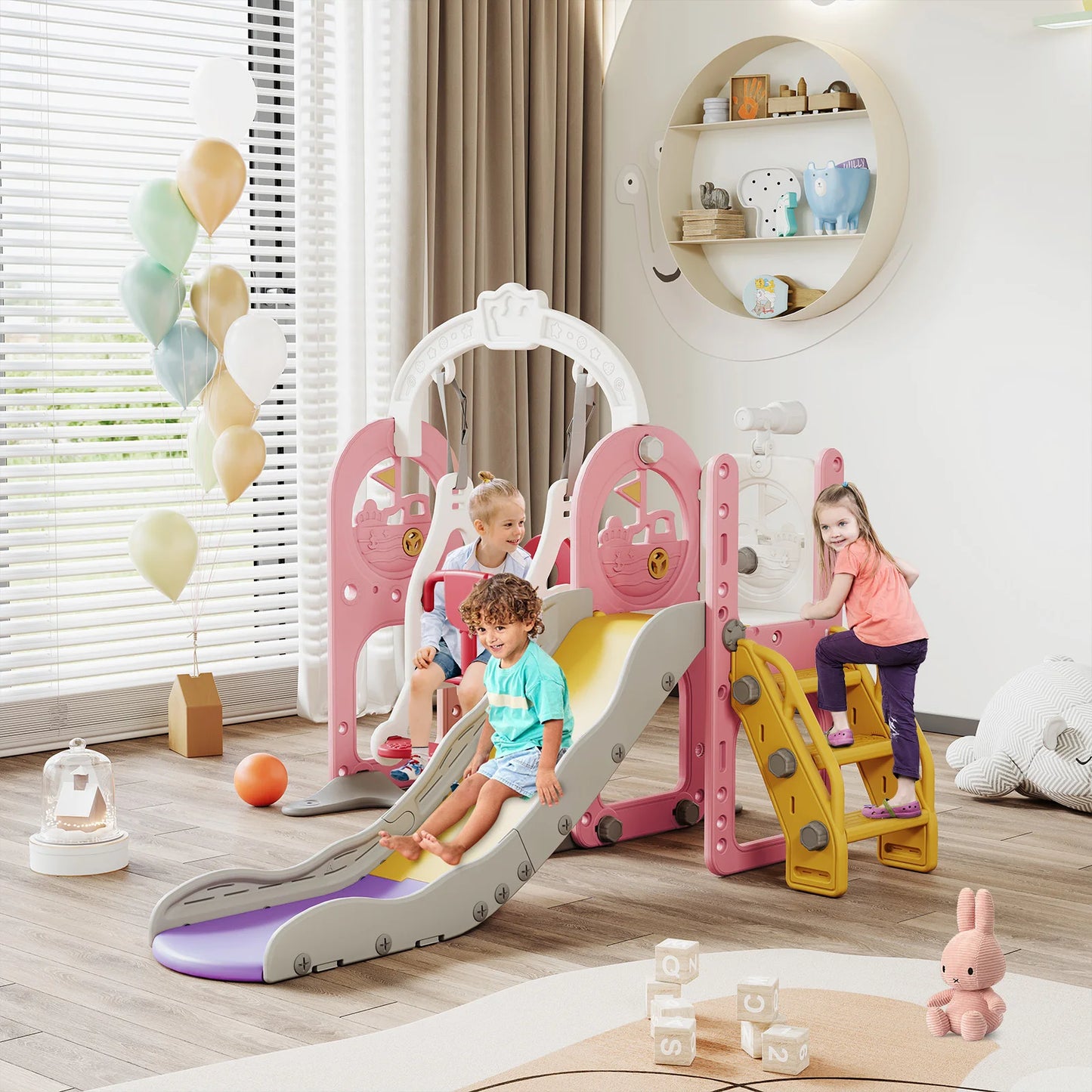 Anajqaqia 6 in 1 Children's Slide, Pirate Ship Slide, Children's Playground with Swing, Ball Frame and Binoculars