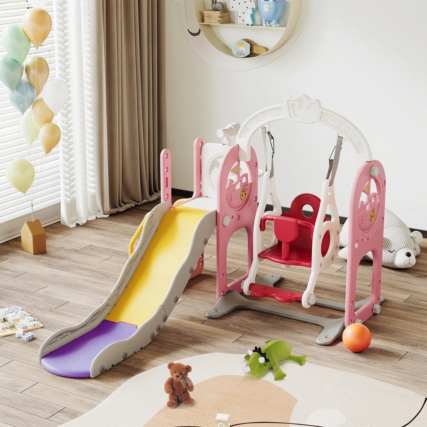 Anajqaqia 6 in 1 Children's Slide, Pirate Ship Slide, Children's Playground with Swing, Ball Frame and Binoculars