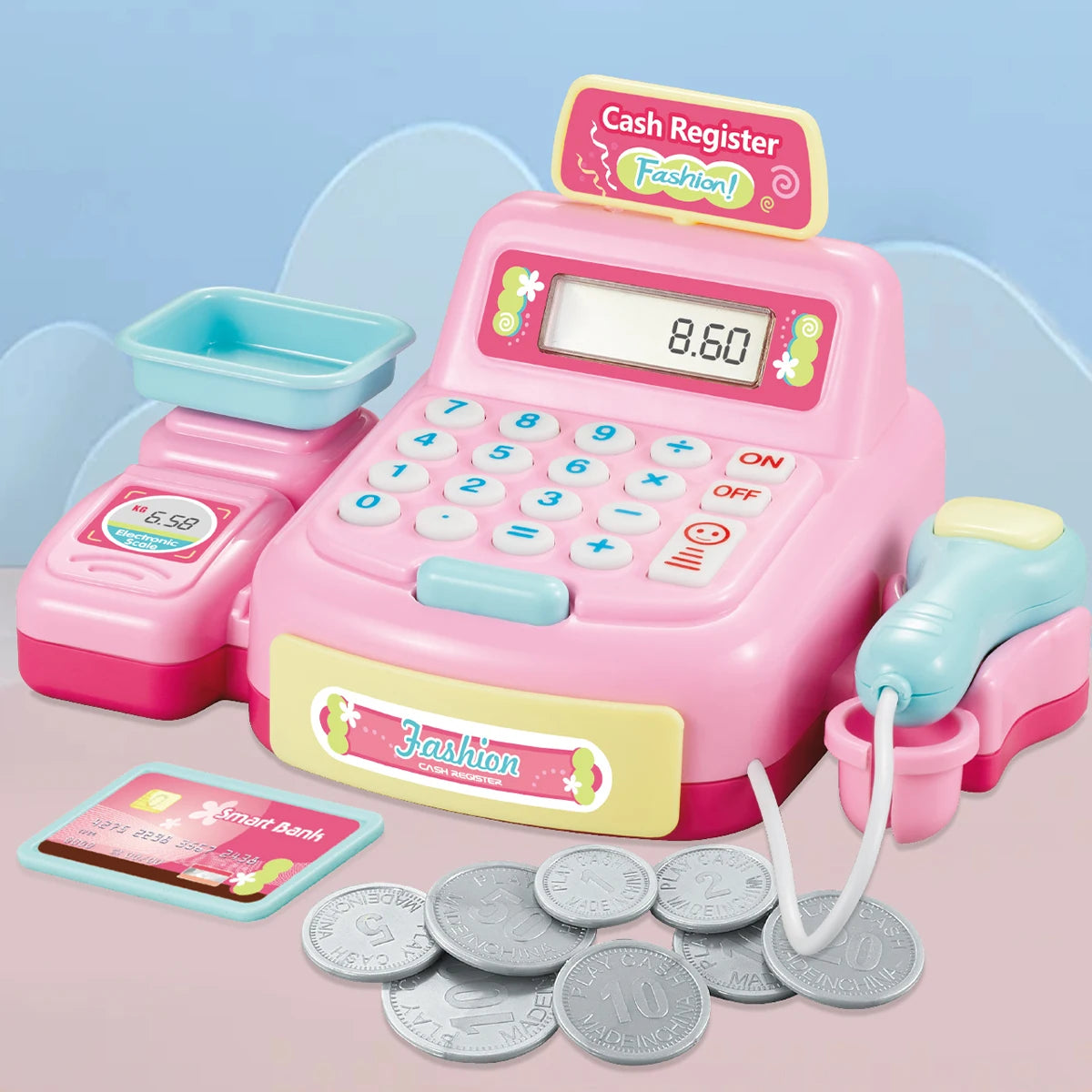 Cash Register Educational Toys, Pretend Calculator Cash Register Toy With Sound And Light, Supermarket Scanner Gift for 3+ Girls
