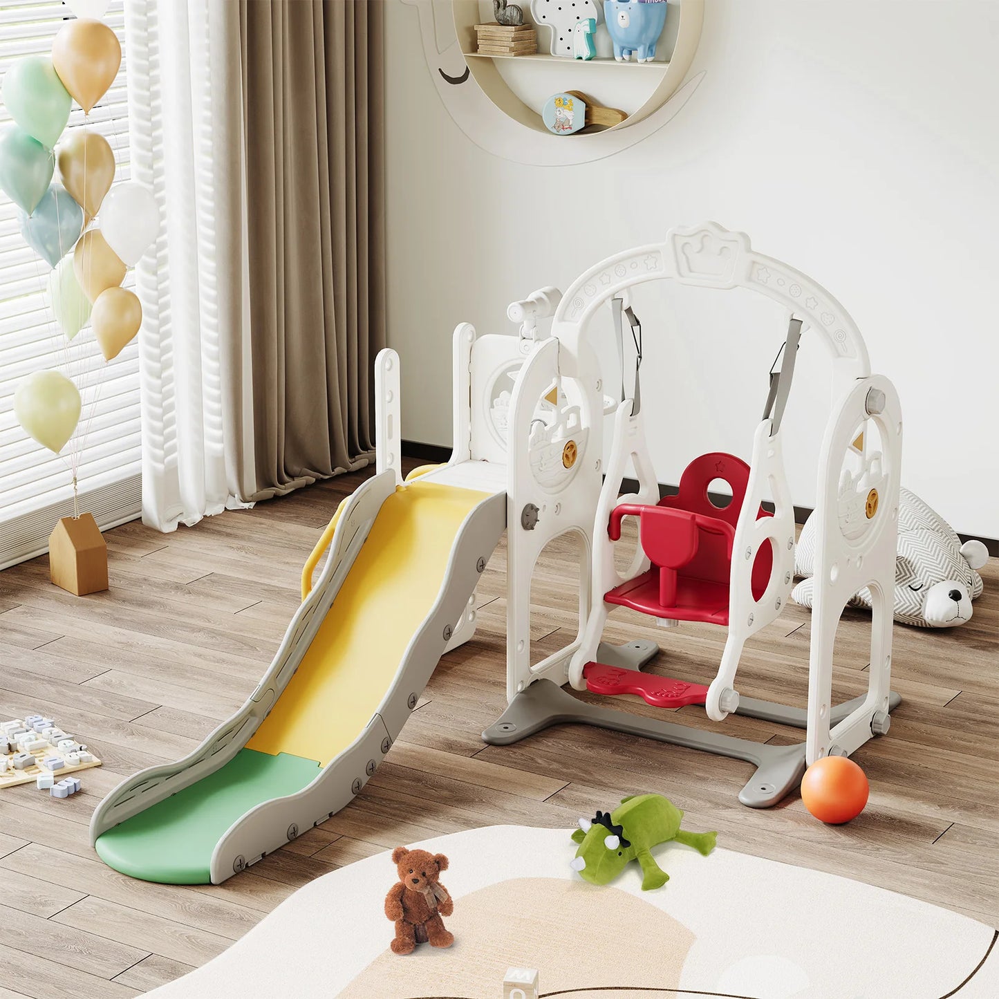 Anajqaqia 6 in 1 Children's Slide, Pirate Ship Slide, Children's Playground with Swing, Ball Frame and Binoculars