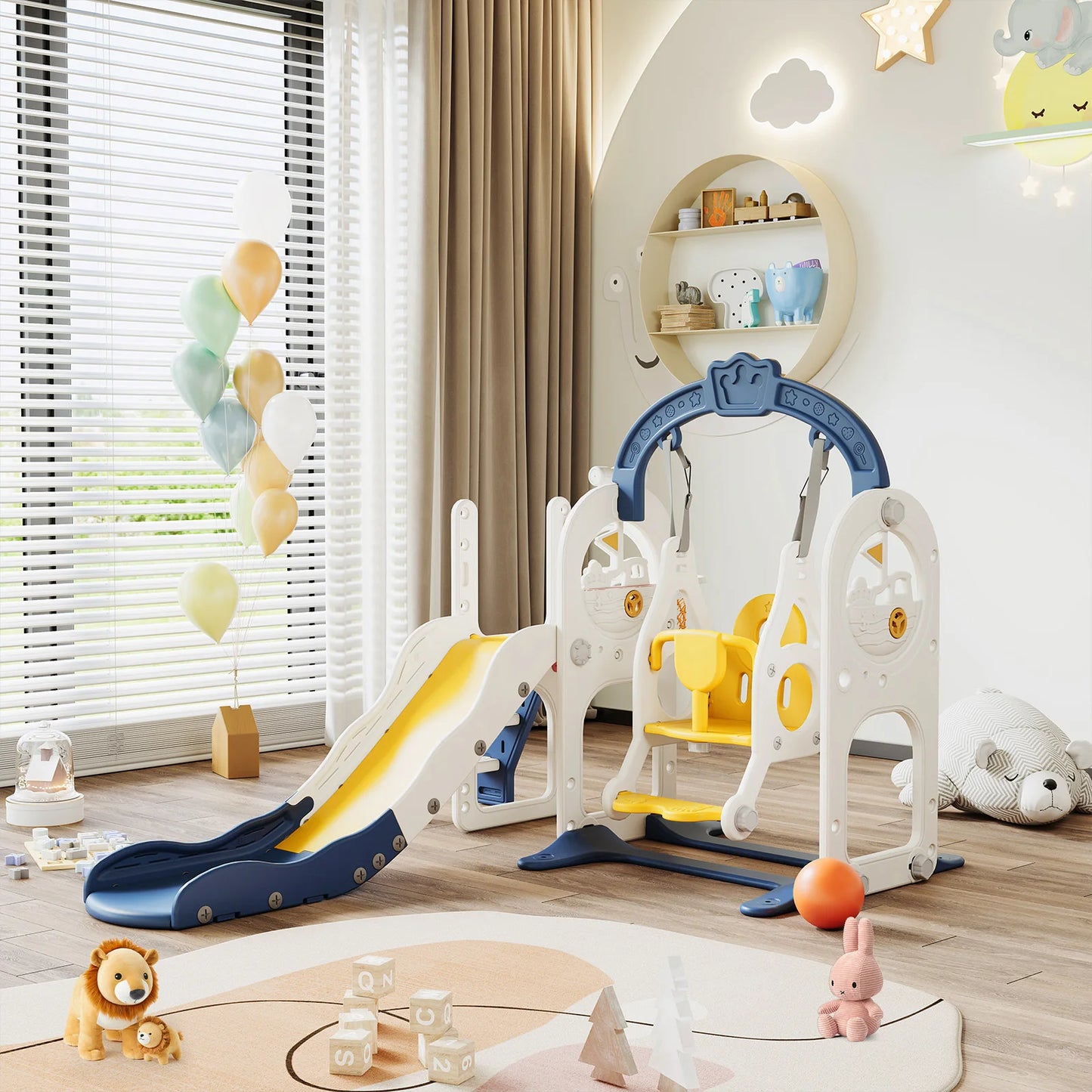 Anajqaqia 6 in 1 Children's Slide, Pirate Ship Slide, Children's Playground with Swing, Ball Frame and Binoculars