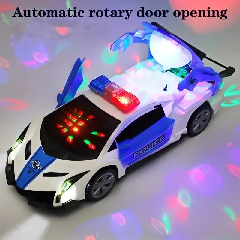 360° Rotating Police Car Toy with Sound & Light Electric Automatic Openable Doors Educational Vehicle Toy for Kids Children