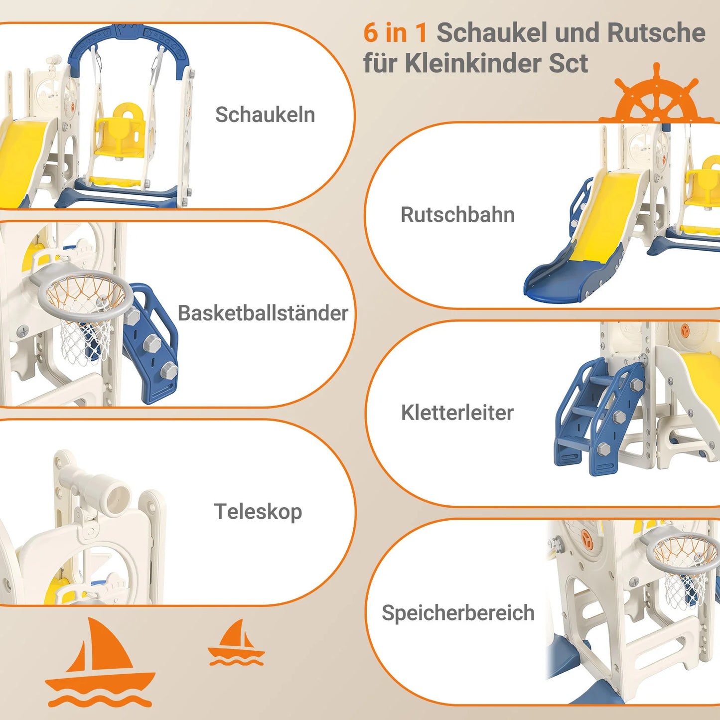 Anajqaqia 6 in 1 Children's Slide, Pirate Ship Slide, Children's Playground with Swing, Ball Frame and Binoculars