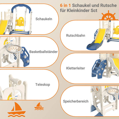 Anajqaqia 6 in 1 Children's Slide, Pirate Ship Slide, Children's Playground with Swing, Ball Frame and Binoculars