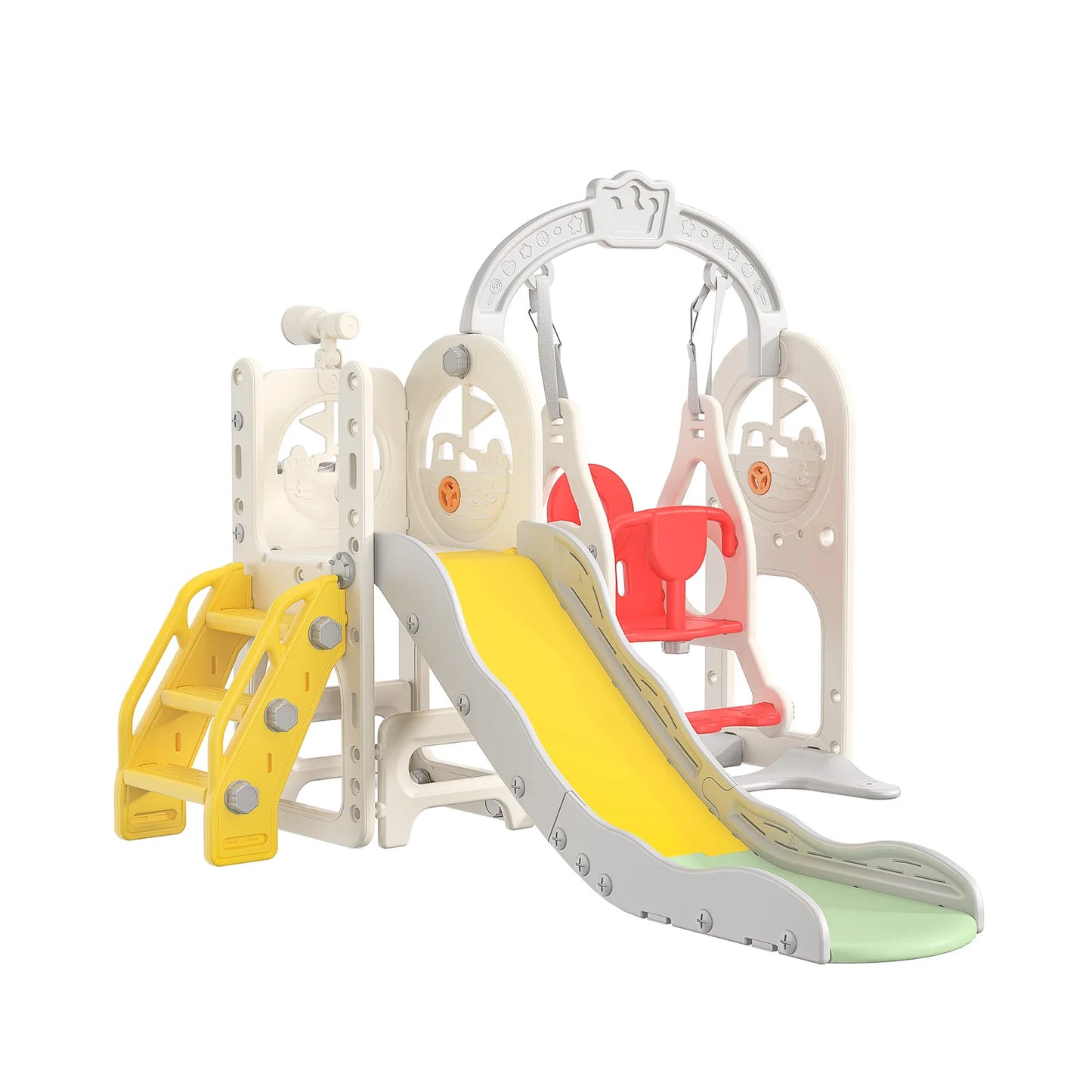 Anajqaqia 6 in 1 Children's Slide, Pirate Ship Slide, Children's Playground with Swing, Ball Frame and Binoculars