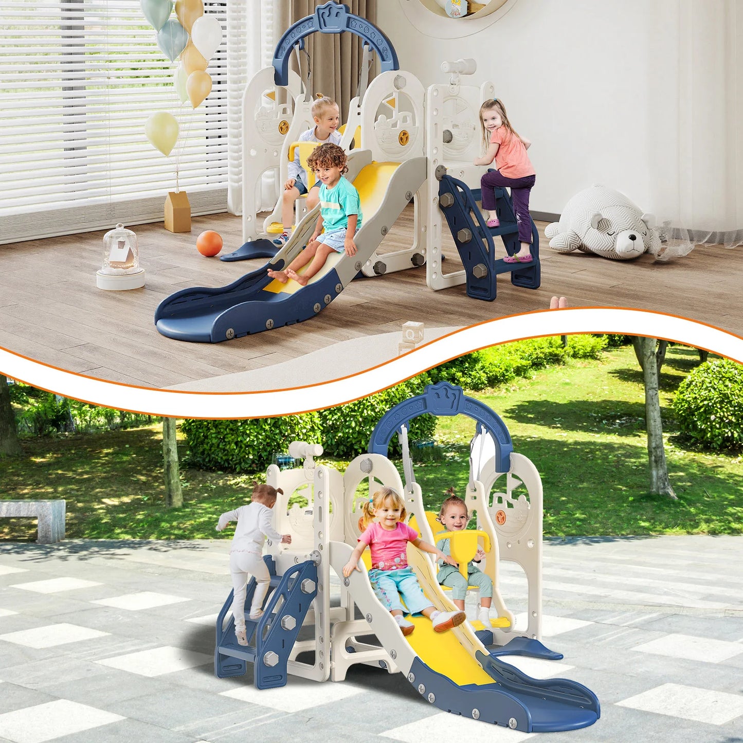 Anajqaqia 6 in 1 Children's Slide, Pirate Ship Slide, Children's Playground with Swing, Ball Frame and Binoculars