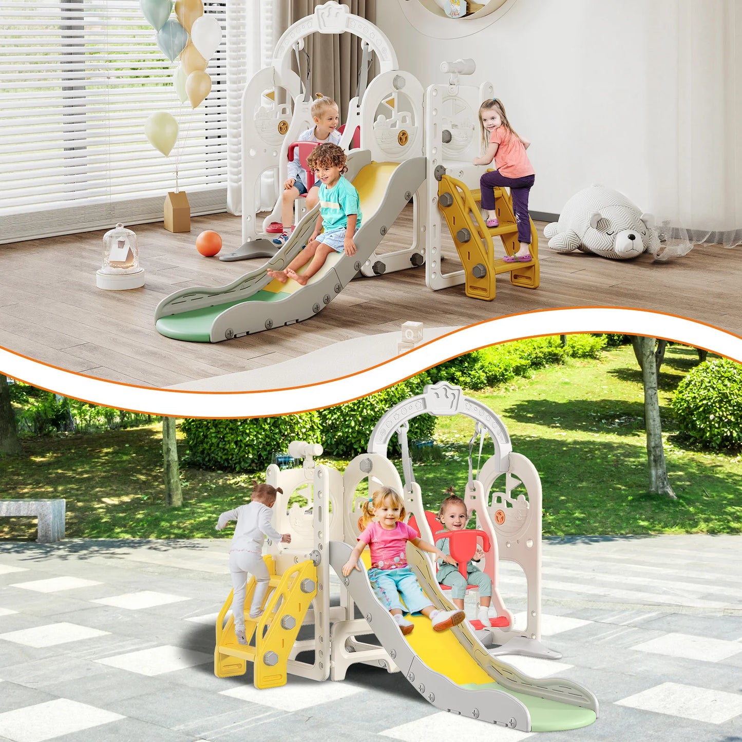 Anajqaqia 6 in 1 Children's Slide, Pirate Ship Slide, Children's Playground with Swing, Ball Frame and Binoculars