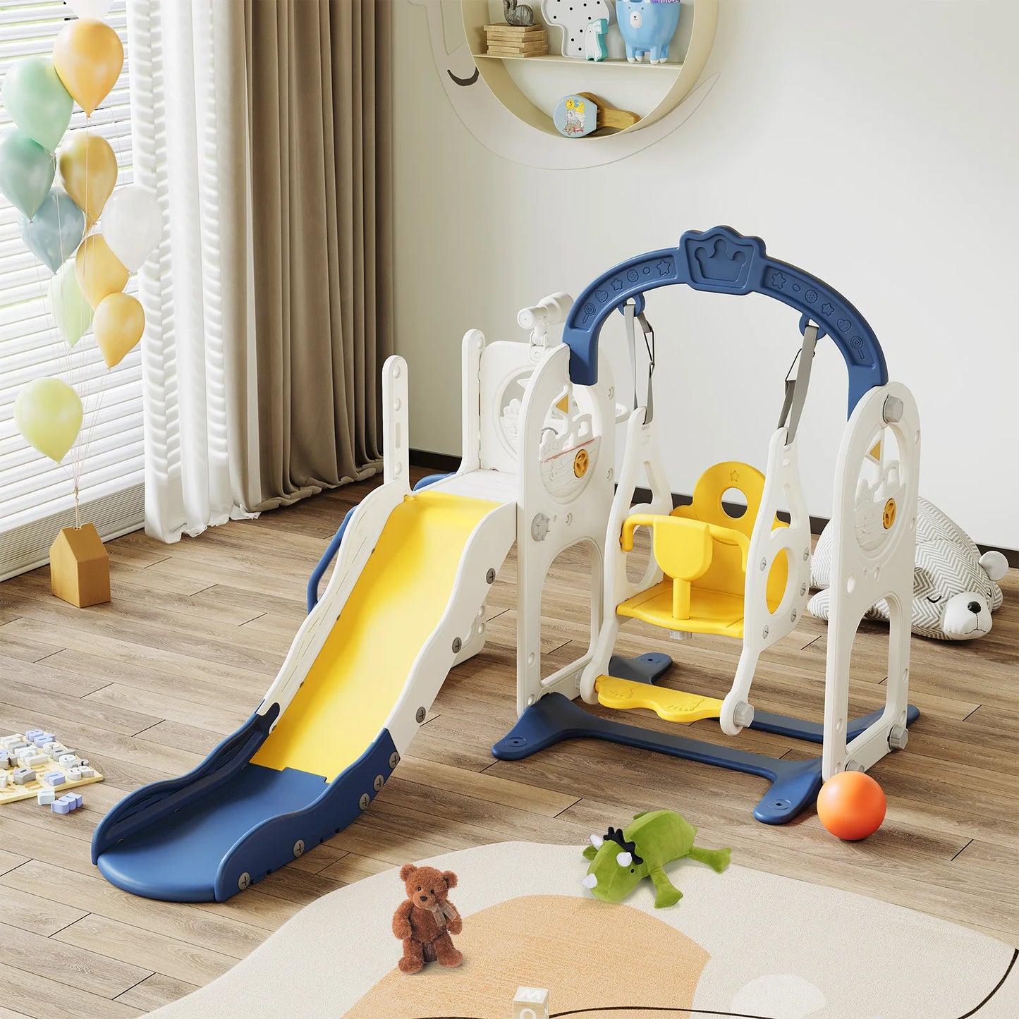 Anajqaqia 6 in 1 Children's Slide, Pirate Ship Slide, Children's Playground with Swing, Ball Frame and Binoculars