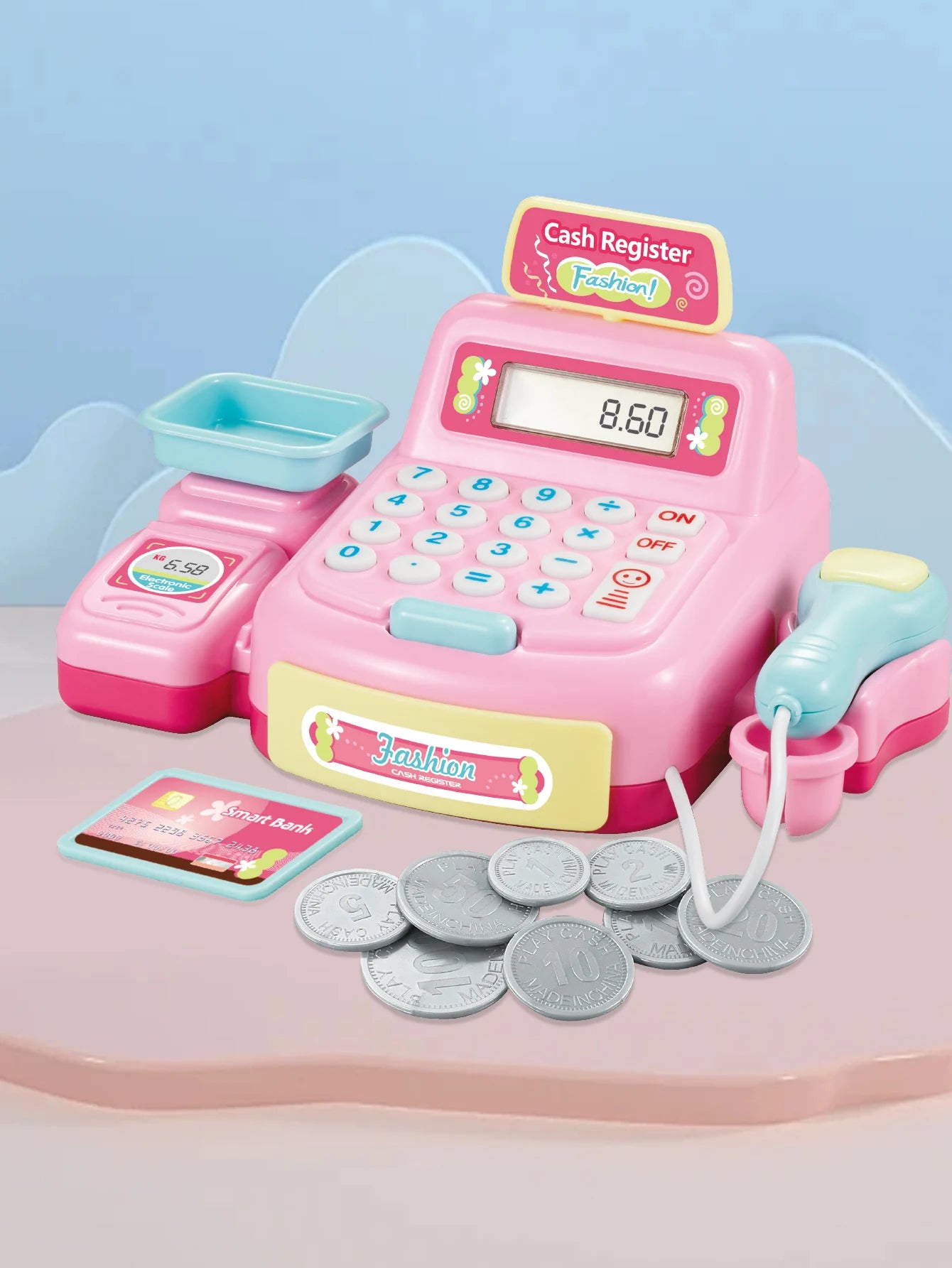 Cash Register Educational Toys, Pretend Calculator Cash Register Toy With Sound And Light, Supermarket Scanner Gift for 3+ Girls