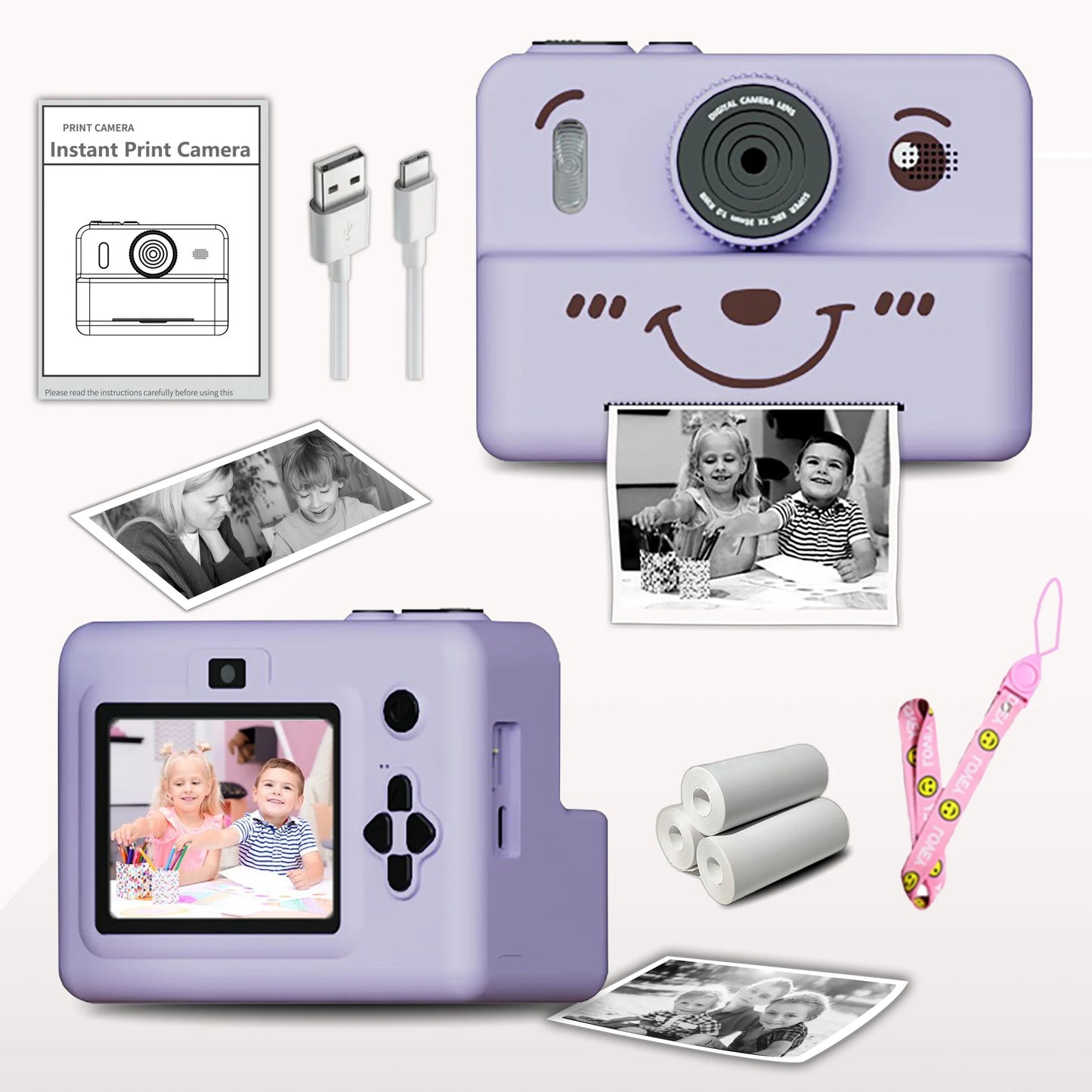 kids Instant print camera,photo&video&music&puzzle games,flash|dual camera|USB charging,birthday&holiday&family gathering gifts