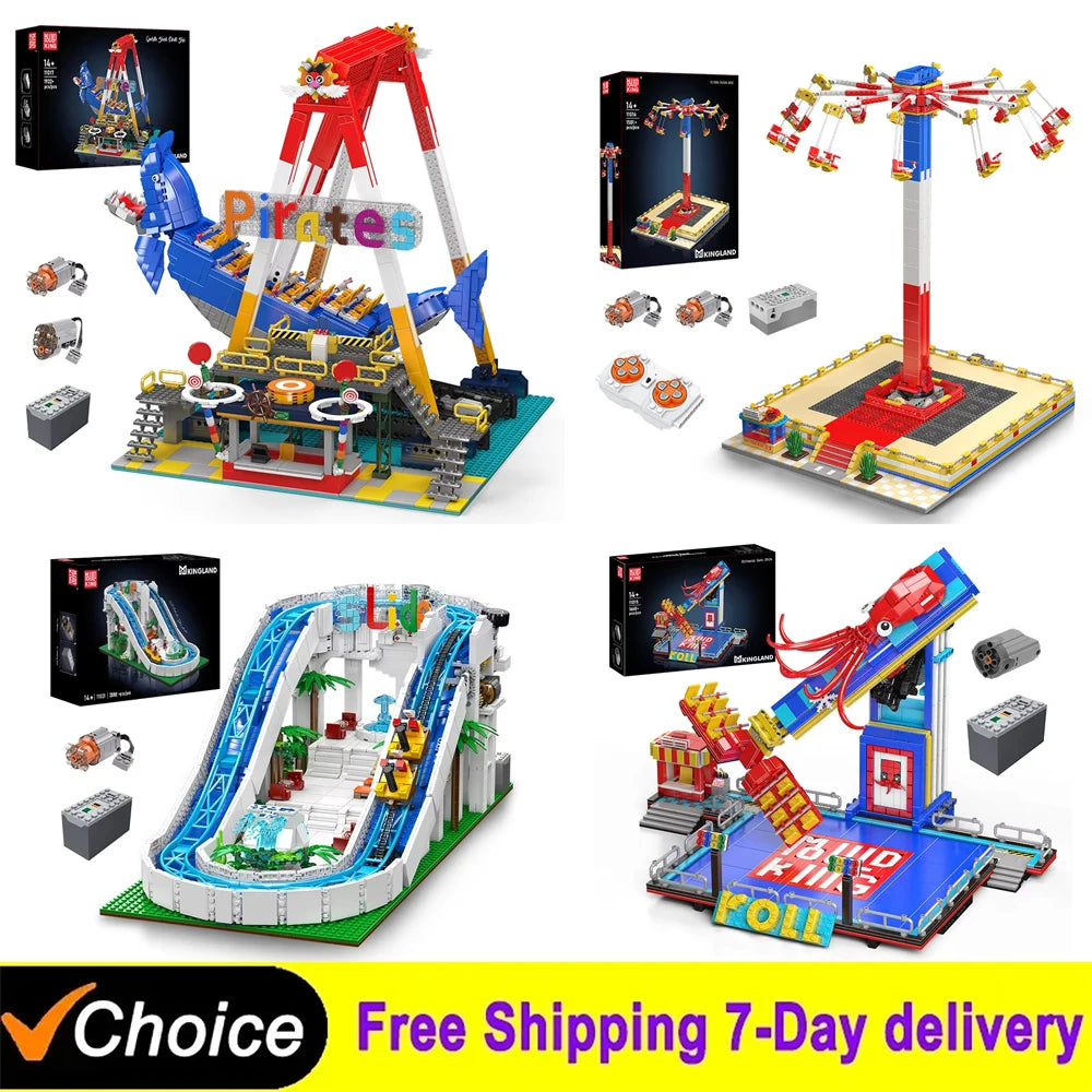 MOULD KING  Amusement Park Toys Motorized Spinning Ride,Water Slide,Flying Swing Ride,Shark Pirate Ship Building Blocks Bricks