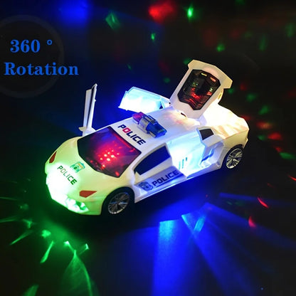 360° Rotating Police Car Toy with Sound & Light Electric Automatic Openable Doors Educational Vehicle Toy for Kids Children