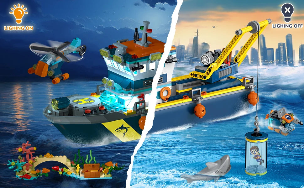 HOGOKIDS Arctic Explorer Technic Ship Building Block Set with LED Light  Ocean Exploration Helicopter Sub Shark for Kids Ages 6+