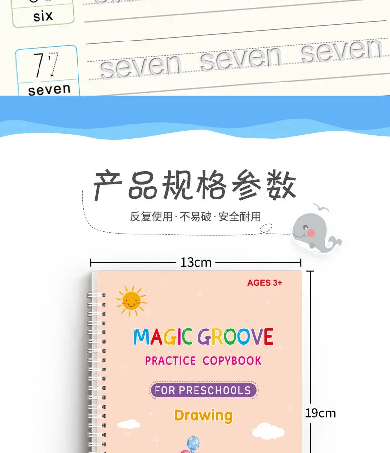 4pcs Magic Groove Practice Copybook Pen Preschools English Verison Kids Calligraphy Children Reusable Writing Book Free Wiping