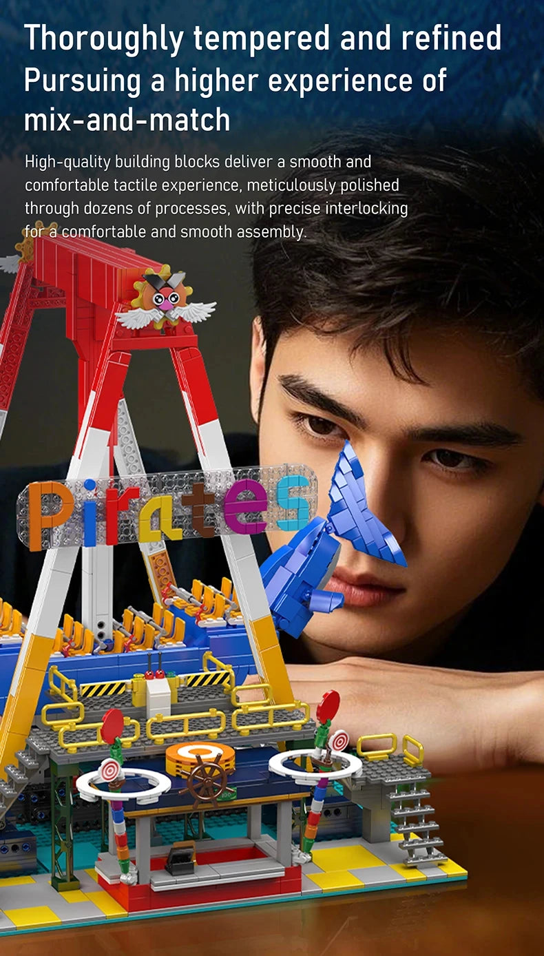 MOULD KING  Amusement Park Toys Motorized Spinning Ride,Water Slide,Flying Swing Ride,Shark Pirate Ship Building Blocks Bricks