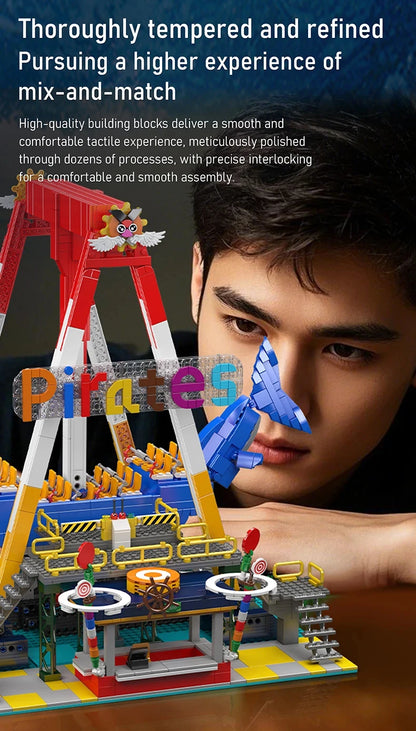 MOULD KING  Amusement Park Toys Motorized Spinning Ride,Water Slide,Flying Swing Ride,Shark Pirate Ship Building Blocks Bricks