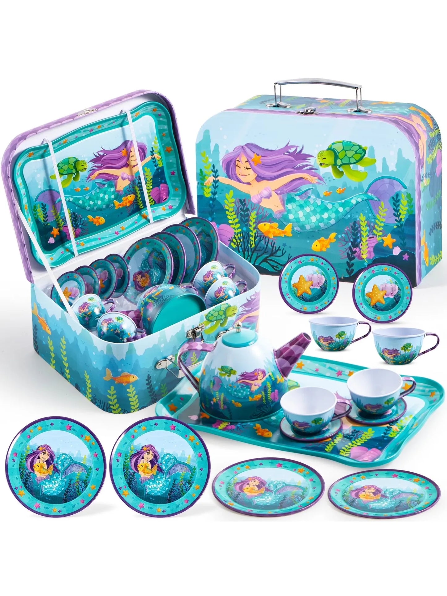Joyfy Kid Tea Set Mermaid Tea Party Set Princess Pretend Play Tin Teapot Set Kitchen Toy for Girls Toddlers 2 3 4 5 6 Years Old