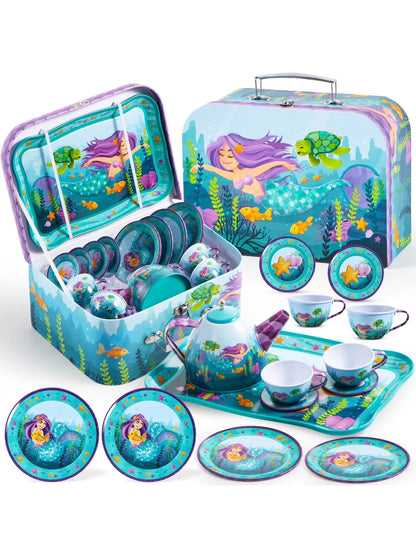 Joyfy Kid Tea Set Mermaid Tea Party Set Princess Pretend Play Tin Teapot Set Kitchen Toy for Girls Toddlers 2 3 4 5 6 Years Old