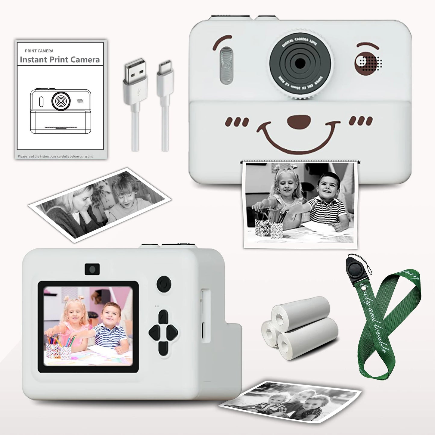 kids Instant print camera,photo&video&music&puzzle games,flash|dual camera|USB charging,birthday&holiday&family gathering gifts