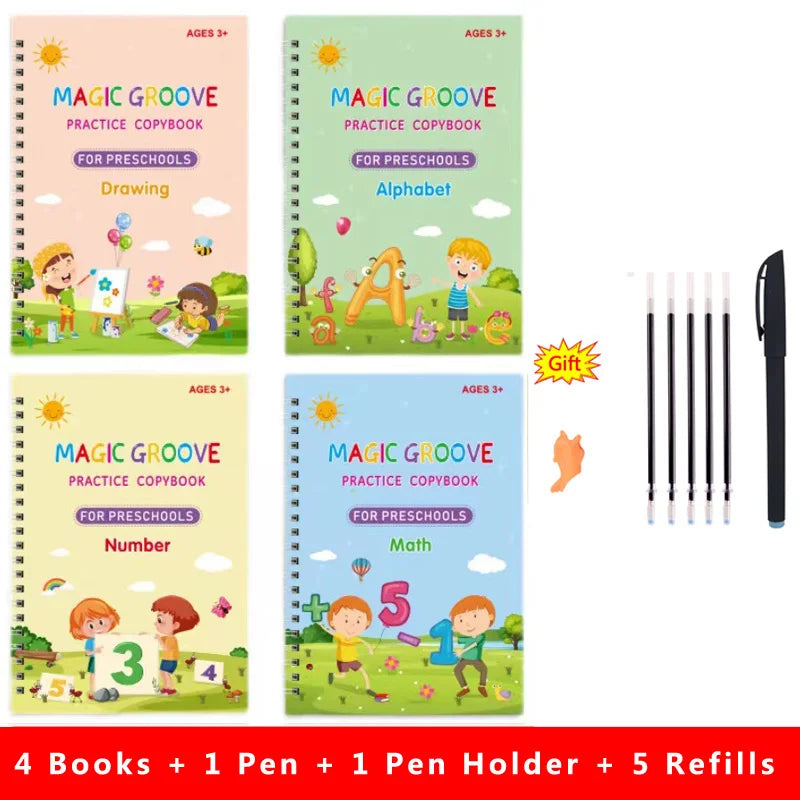 4pcs Magic Groove Practice Copybook Pen Preschools English Verison Kids Calligraphy Children Reusable Writing Book Free Wiping