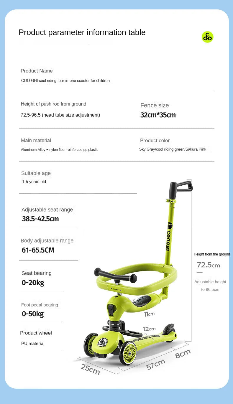 Baby stroller 3 wheels Multifunctional fenced seated scooter suitable for 2-12 years old baby bicycle Lightweight foldable