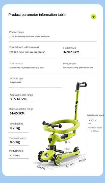 Baby stroller 3 wheels Multifunctional fenced seated scooter suitable for 2-12 years old baby bicycle Lightweight foldable
