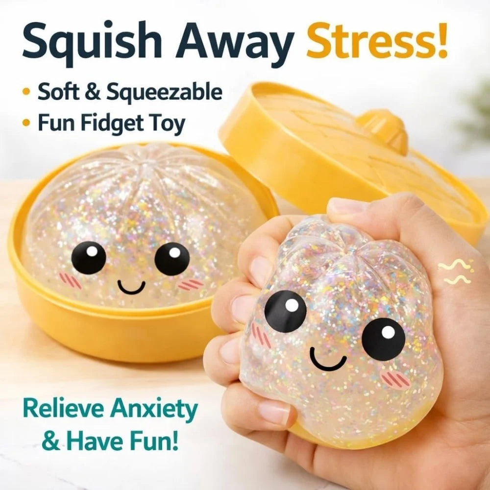 Glitter Dumpling Squishies, Upgrade Squishy Dumplings Stress Balls, Soft Squeezy Dough Ball with Steamer Stress Relief Desk Toy