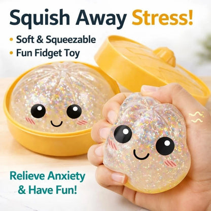 Glitter Dumpling Squishies, Upgrade Squishy Dumplings Stress Balls, Soft Squeezy Dough Ball with Steamer Stress Relief Desk Toy