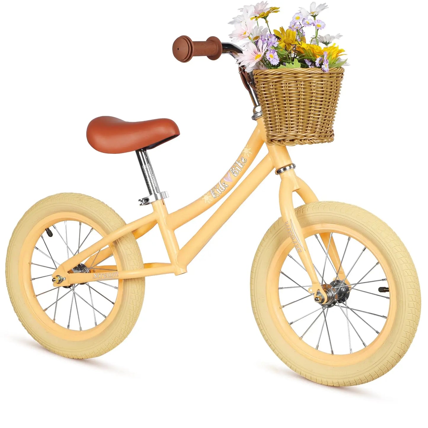 14 Inch Kids Balance Bike, Lightweight Height-adjustable Push Bike with Removable Basket and Rubber Air Tires