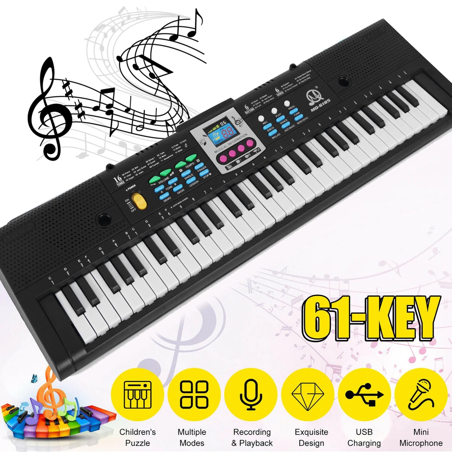 61 Keys Digital Music Electronic Keyboard Kids Multifunctional Electric Piano for Piano Student with Microphone Function 2024