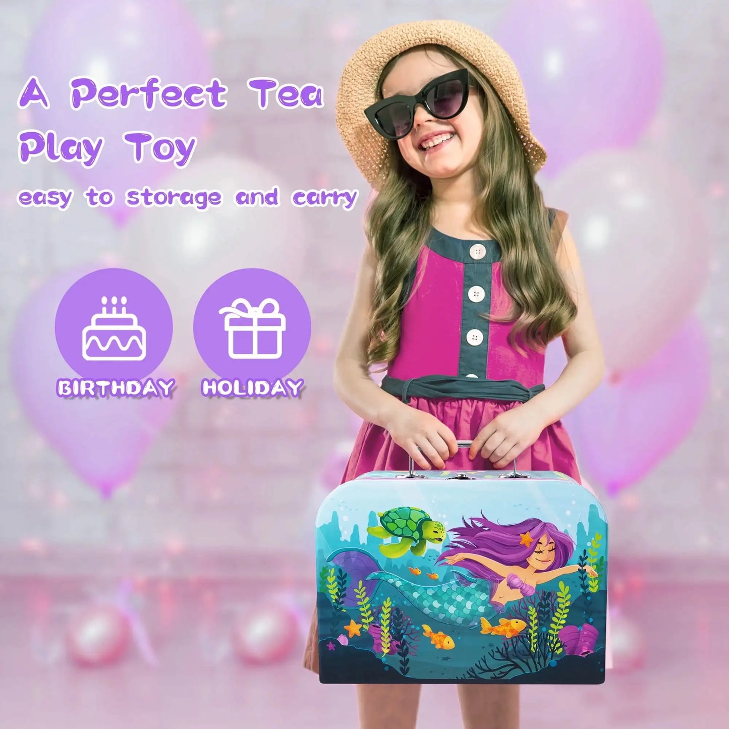 Joyfy Kid Tea Set Mermaid Tea Party Set Princess Pretend Play Tin Teapot Set Kitchen Toy for Girls Toddlers 2 3 4 5 6 Years Old