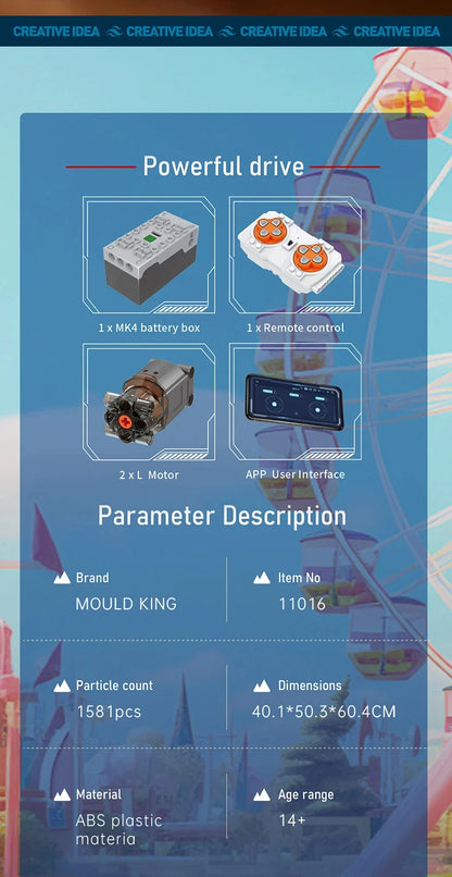 MOULD KING  Amusement Park Toys Motorized Spinning Ride,Water Slide,Flying Swing Ride,Shark Pirate Ship Building Blocks Bricks