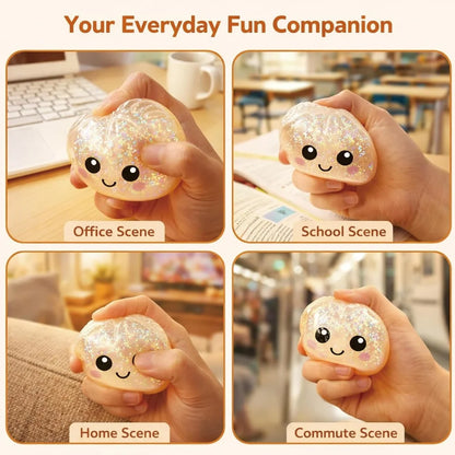 Glitter Dumpling Squishies, Upgrade Squishy Dumplings Stress Balls, Soft Squeezy Dough Ball with Steamer Stress Relief Desk Toy