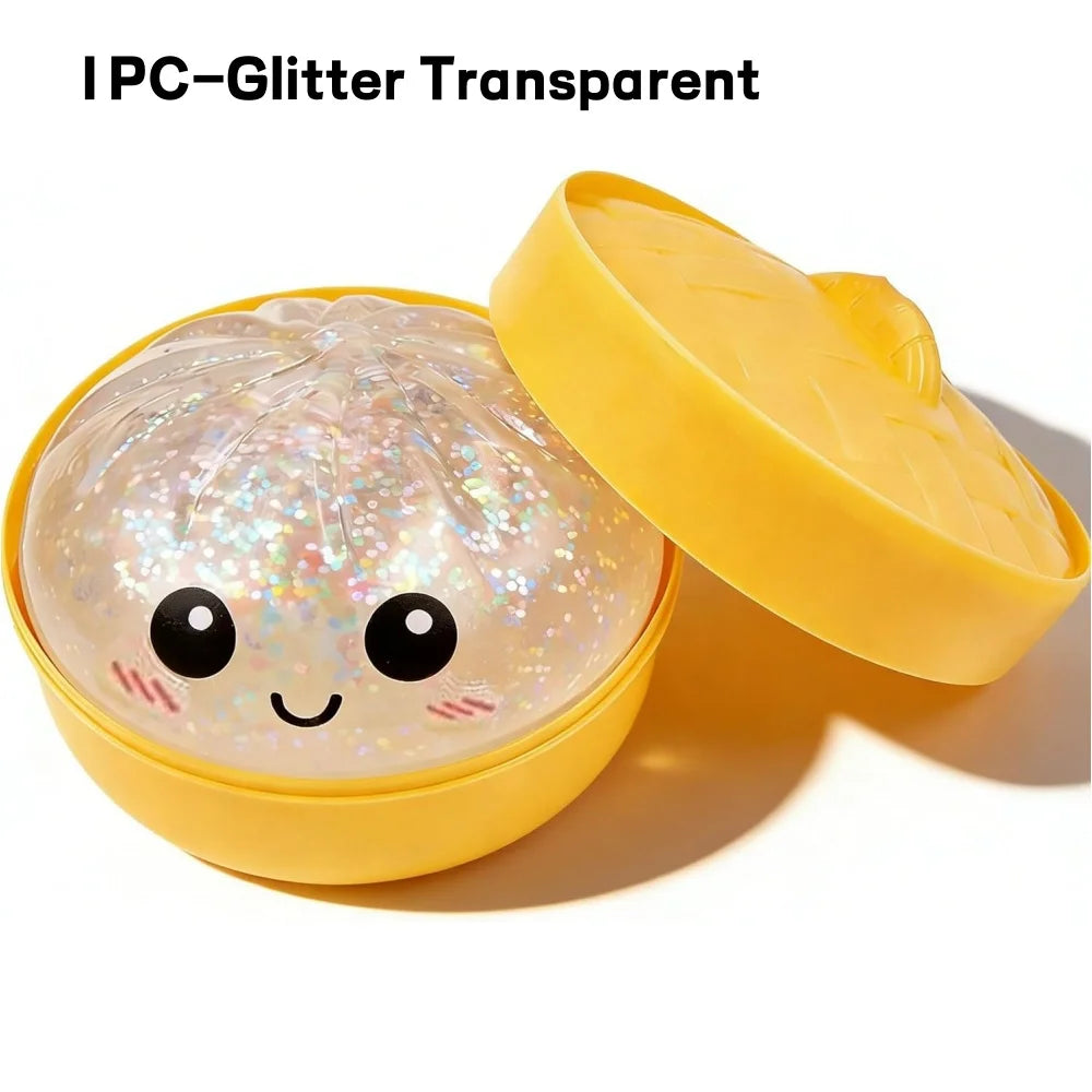 Glitter Dumpling Squishies, Upgrade Squishy Dumplings Stress Balls, Soft Squeezy Dough Ball with Steamer Stress Relief Desk Toy