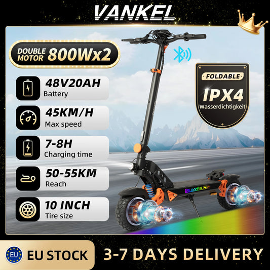 vankel E-Scooter 1600W Dual Motor 48V20Ah Battery Foldable Electric Scooter 10 inch Off-road Tire Double Suspension Escooters