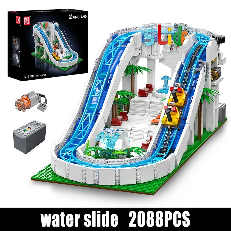 MOULD KING  Amusement Park Toys Motorized Spinning Ride,Water Slide,Flying Swing Ride,Shark Pirate Ship Building Blocks Bricks