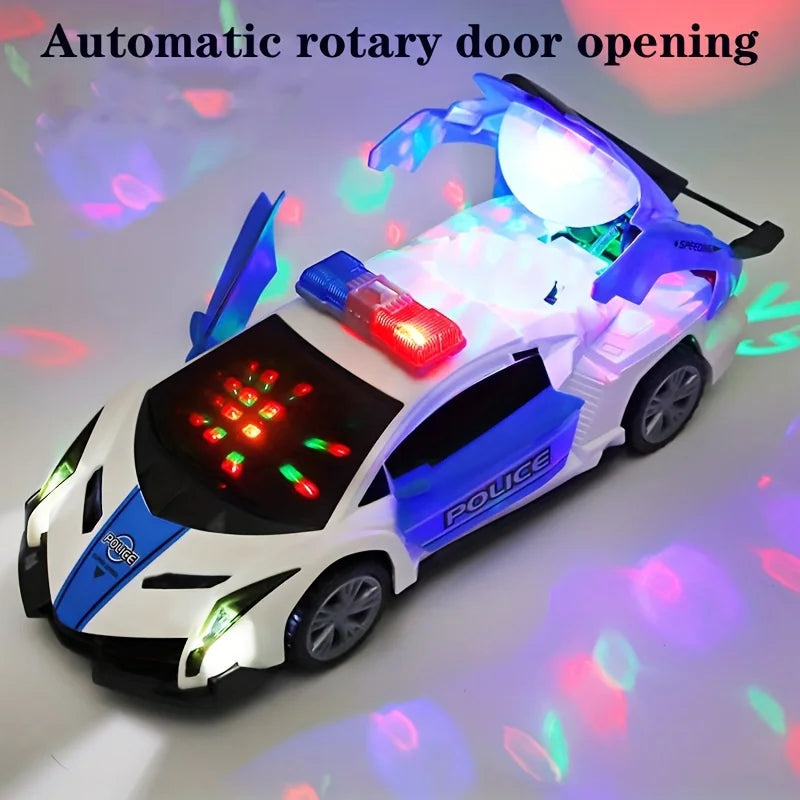 360° Rotating Police Car Toy with Sound & Light Electric Automatic Openable Doors Educational Vehicle Toy for Kids Children