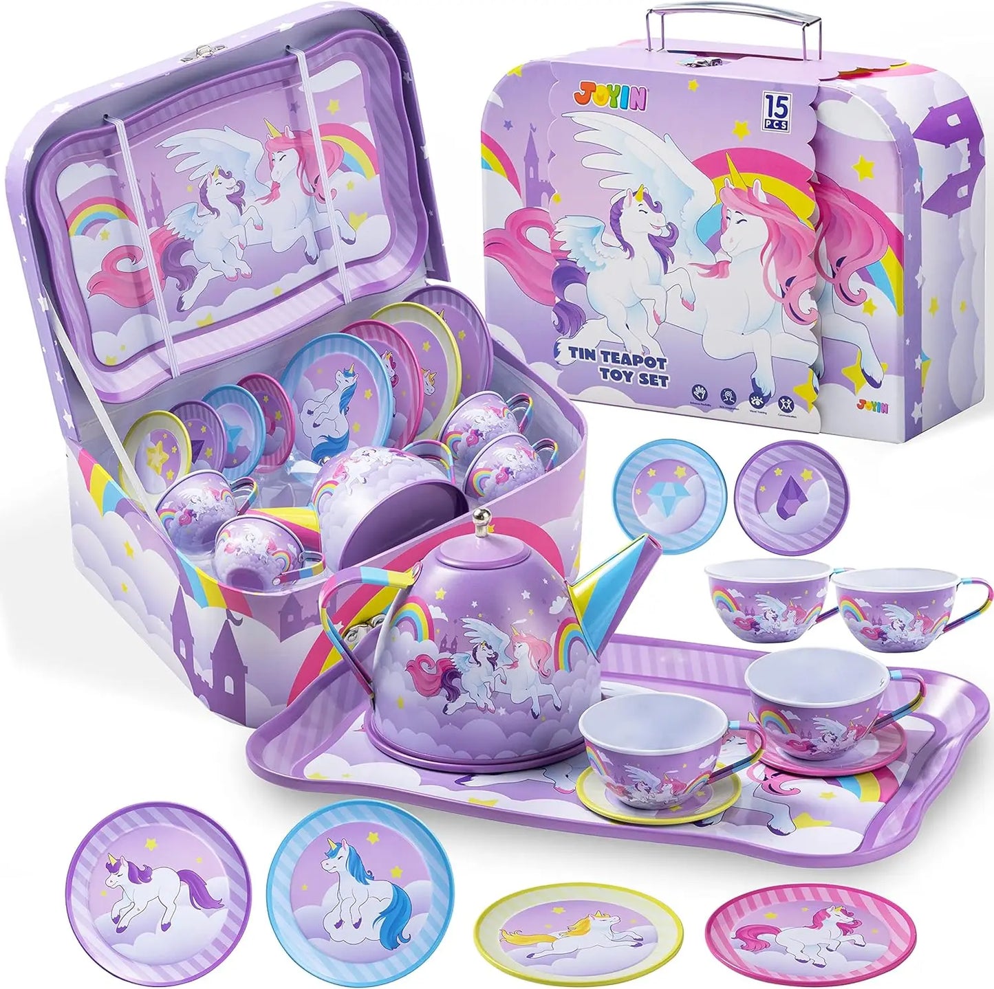 Joyfy Kid Tea Set Mermaid Tea Party Set Princess Pretend Play Tin Teapot Set Kitchen Toy for Girls Toddlers 2 3 4 5 6 Years Old