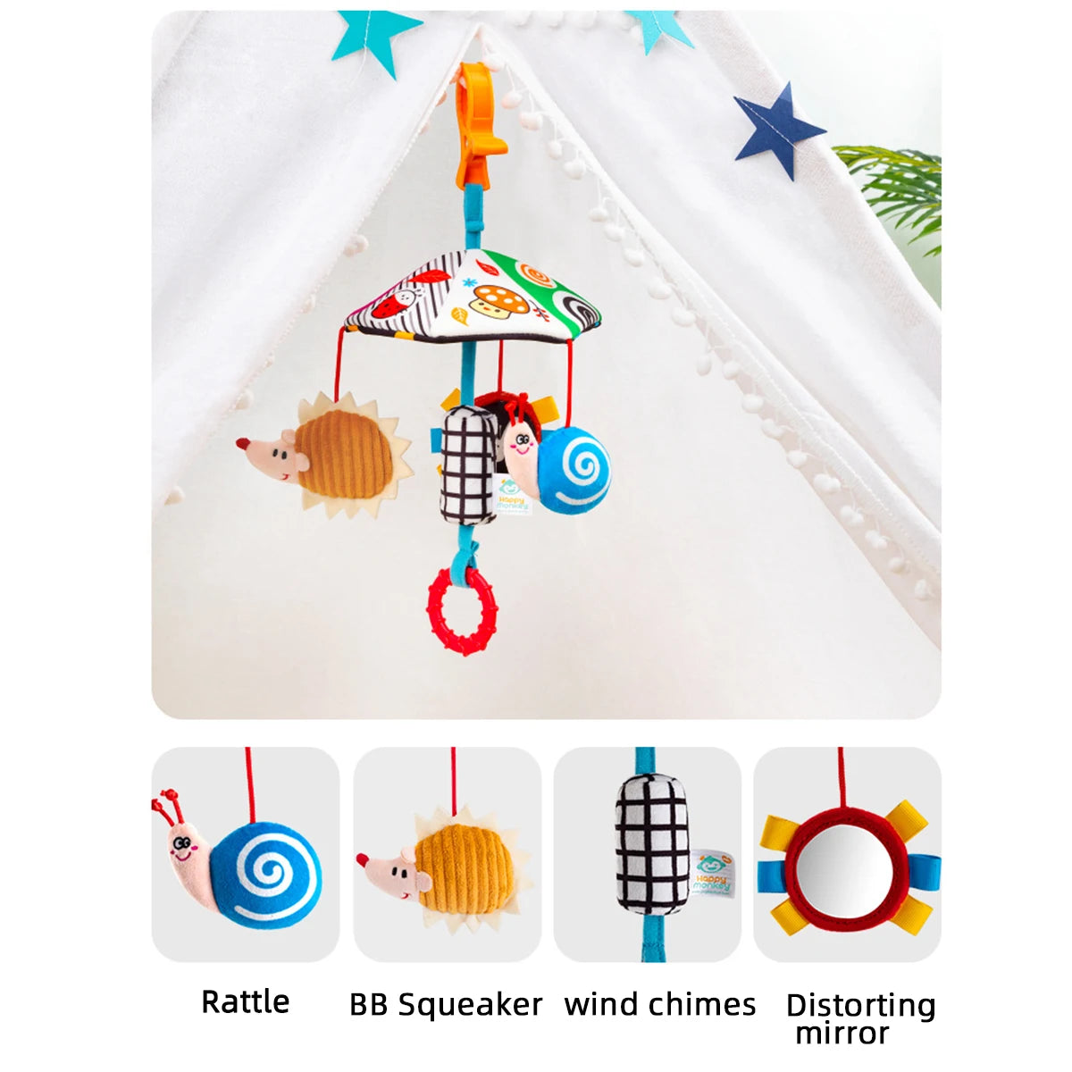 Baby Color Plush Umbrella Wind Chime Baby Bed Bell Visual Inspiration Baby stroller pendant Wind Chime Comfort Toy