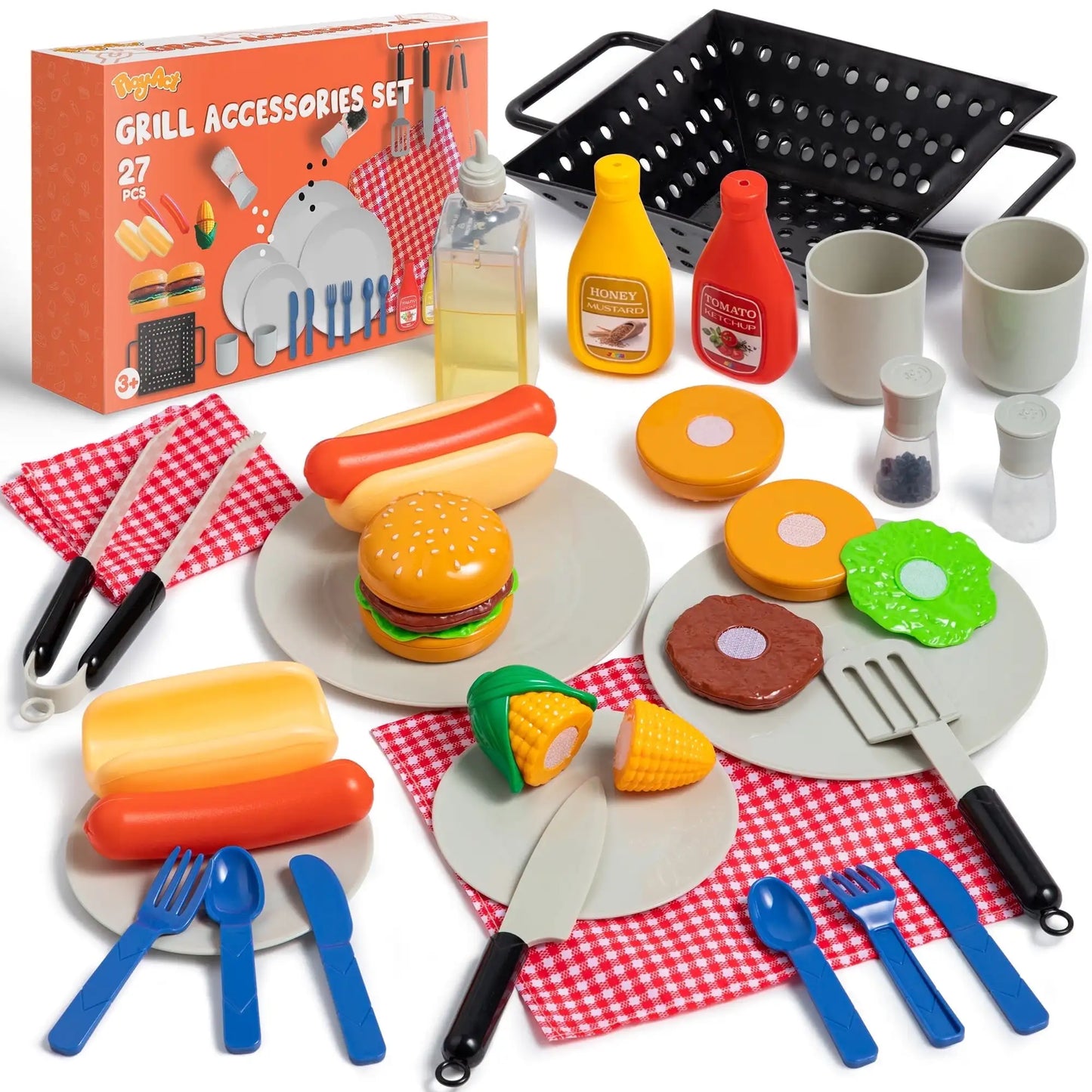 Joyfy 27 Pcs Kids Kitchen Toy Playset BBQ Grill Pretend Play Food Sets, Gift for Toddlers 2 3 4 Years Old Girls Boys