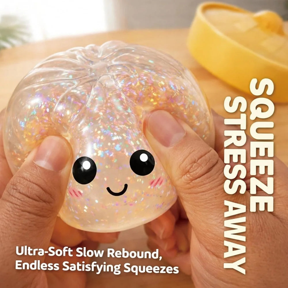 Glitter Dumpling Squishies, Upgrade Squishy Dumplings Stress Balls, Soft Squeezy Dough Ball with Steamer Stress Relief Desk Toy