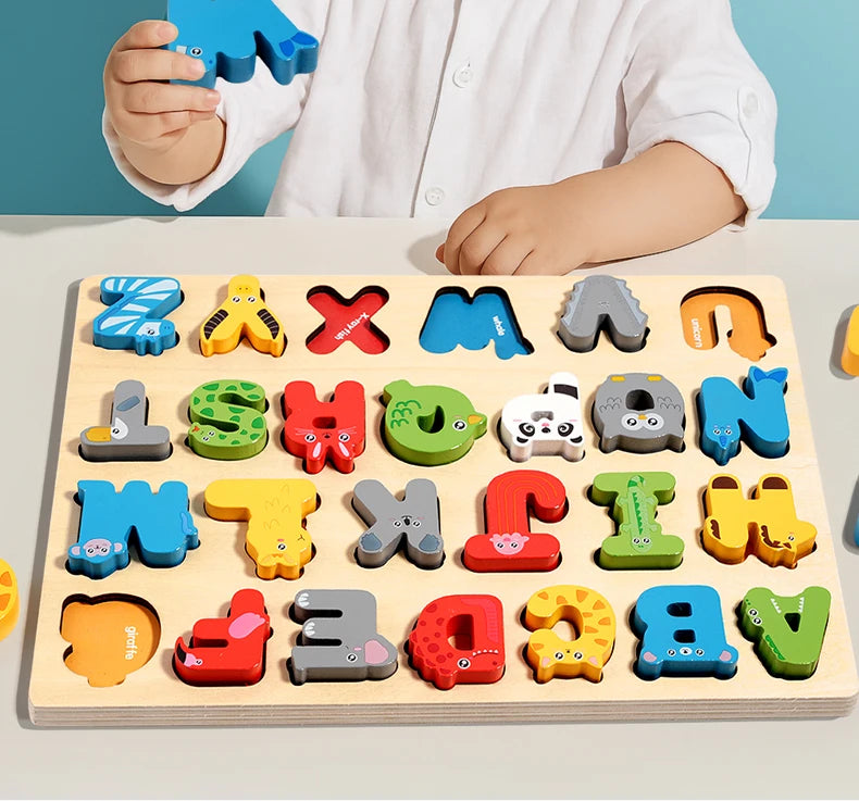 3D Colorful Alphabet Number Puzzle Montessori Wooden Puzzles Matching Games Early Education Toys Mathematics Shape Cognition