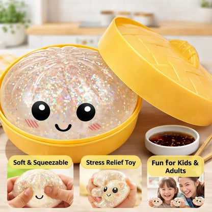 Glitter Dumpling Squishies, Upgrade Squishy Dumplings Stress Balls, Soft Squeezy Dough Ball with Steamer Stress Relief Desk Toy