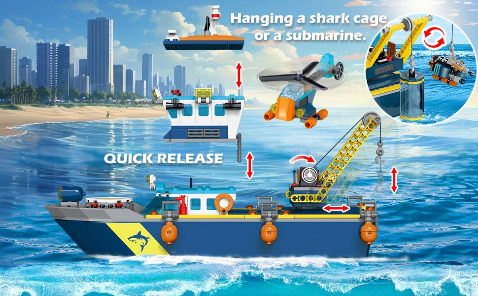 HOGOKIDS Arctic Explorer Technic Ship Building Block Set with LED Light  Ocean Exploration Helicopter Sub Shark for Kids Ages 6+