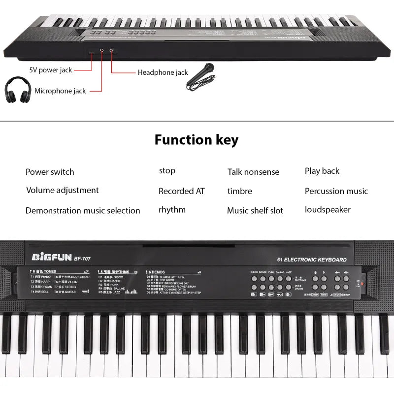 BIGFUN 61 Key Electronic Keyboard Piano Dual Speaker 8 Tone 5 Rhythm 5 Drums Percussion 6 Demo Musical Instrument with Mic
